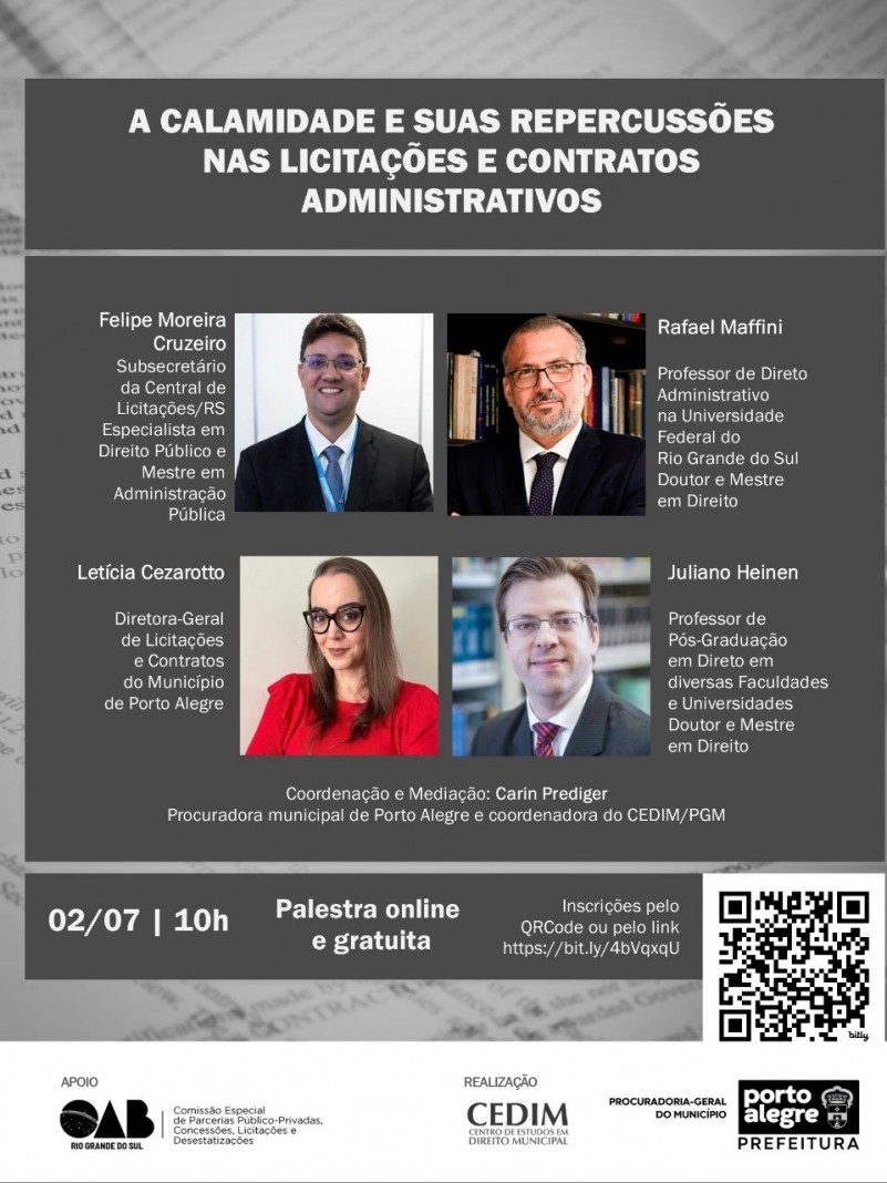 Palestra sobre as contratações públicas para enfrentamento às calamidades terá participação da CELIC